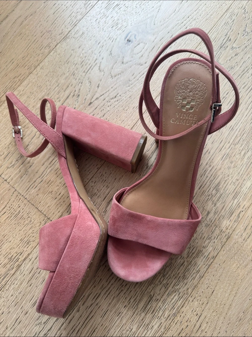 Vince Camuto Rose Pink Suede Platform Block Heel Sandals